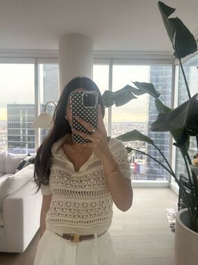 Women’s Cream Open-Knit Short Sleeve Polo Top